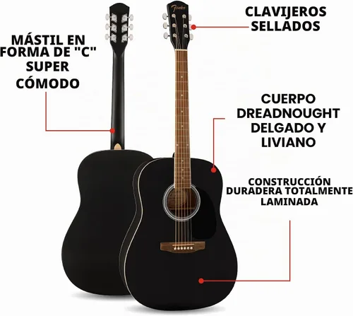 Vista 2 de Fender FA-25 Dreadnought, diapasón de nogal, golpeador negro, negro