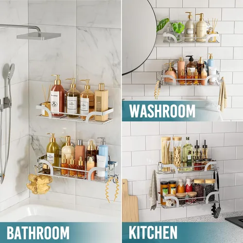 Vista 8 de TAILI Paquete de 2 ventosas para ducha, cesta de baño resistente, estantes de baño para el interior, soporte de ducha de acero inoxidable