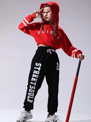 Vista 5 de LOLANTA Conjunto deportivo de 2 piezas con capucha y pantalón deportivo para niñas, estilo hip hop, ropa moderna de baile de jazz, talla 4-16