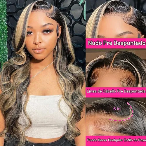 Vista 3 de Pelucas de Encaje Frontal Highlight Body Wave de Cabello Humano 1B/27 Sin Pegamento Densidad 180% 13x6 Peluca Sin Pegamento de Encaje Frontal Peluca