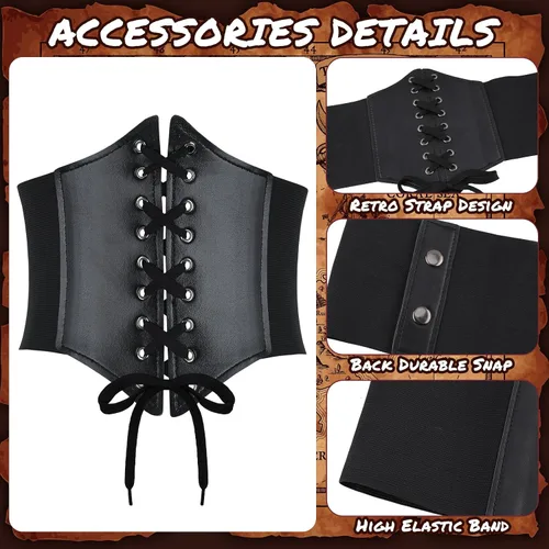 Vista 4 de Suhine Disfraz de pirata renacentista para mujer, traje victoriano medieval de 3 piezas, falda alta y baja, blusa con corsé vikingo