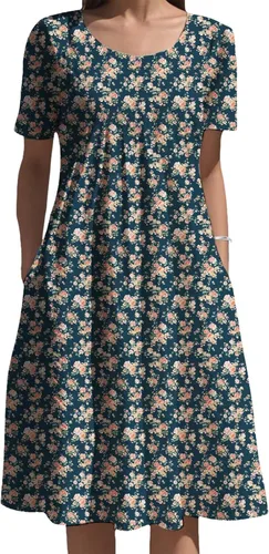 Vista 9 de Vestidos bohemios para mujer, estampado floral, manga corta, cuello redondo, talla grande, vestido de vacaciones con bolsillos para verano 2025
