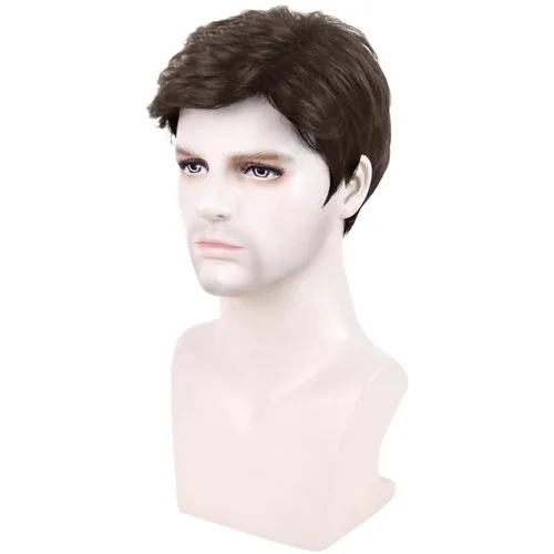 Vista 2 de Creamily - Peluca corta marrón para hombres, cabello rizado en capas de Corto - Marrón