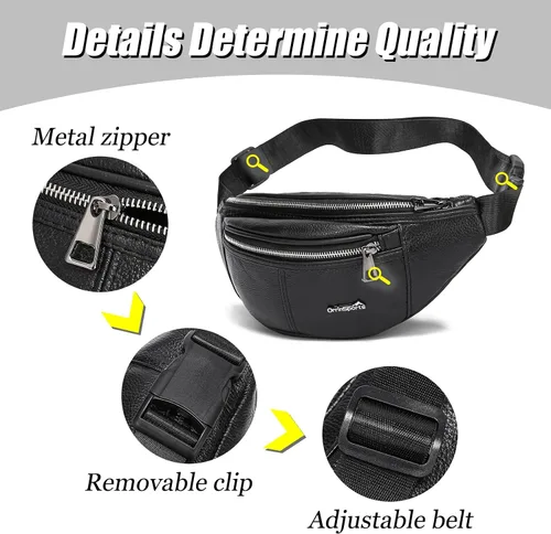 Vista 3 de Riñonera de cuero negro para hombres y mujeres, bolsa de cintura de cuero genuino con correa ajustable para caminar, senderismo, ciclismo, C805#Negro