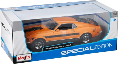 Vista 3 de Maisto 1:18 Edición Especial 1970 Ford Mustang Mach 1, Naranja, Escala 1:18
