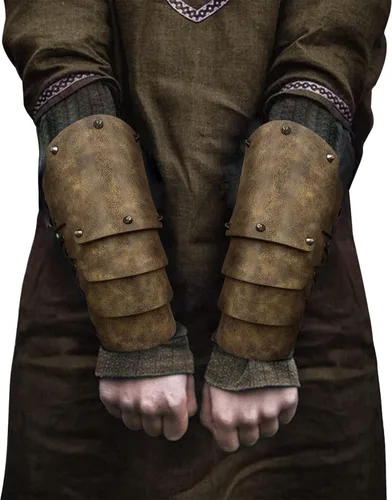 Vista 4 de HiiFeuer Brazo medieval de piel sintética de 4 capas, armadura de brazo, guanteletes mercenarios de la Edad Media, Guardias de brazo de arquero