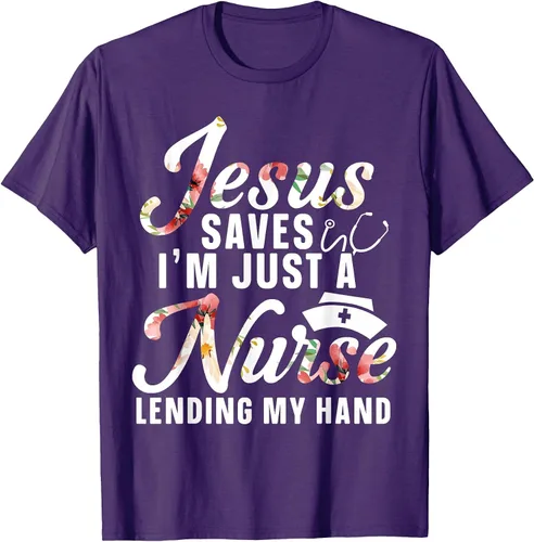 Vista 22 de Jesus Saves I'm Just A Nurse Lending My Hand RN Christian T-Shirt Asphalt Grey