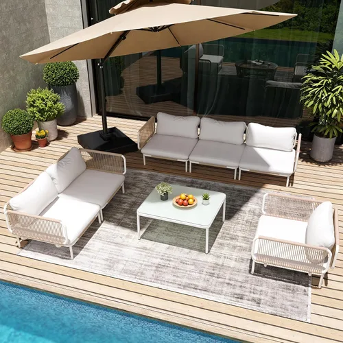 Vista 8 de Sofá modular moderno de 5 piezas para exteriores con mesa auxiliar, juego de conversación de patio de 31 pulgadas, resistente a la intemperie Gris
