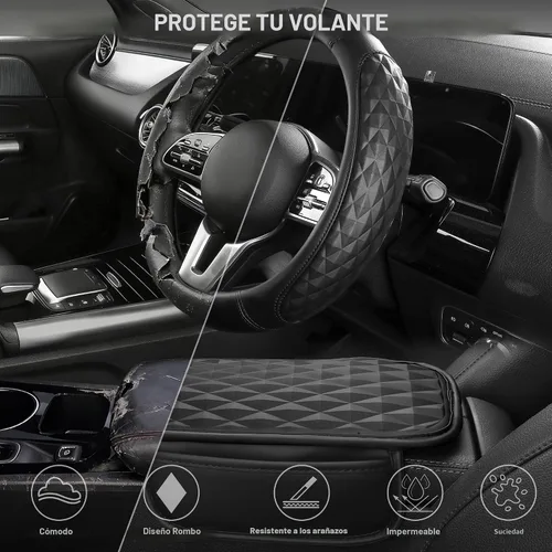 Vista 5 de CAR PASS Juego de fundas de cuero de espuma viscoelástica 3D para volante de automóvil, cómodo cojín de cuero de rombo para consola central con Negro