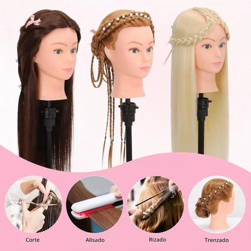 Vista 5 de Cabeza de maniquí con cabello humano para cosmetología - Cabeza de muñeca con 80% cabello humano para práctica de peinado, cabeza de práctica