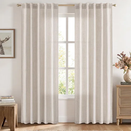 Vista 22 de MIULEE - Cortinas de lino sintético de 96 pulgadas de largo, 2 paneles, cortina semitransparente natural con pestaña trasera, bolsillo para barra