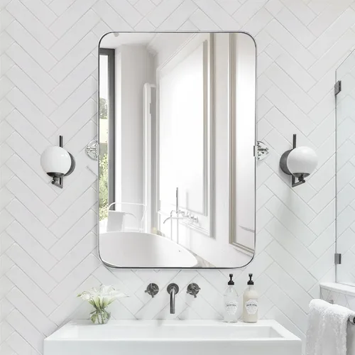 Vista 9 de TEEBARN Espejo de baño rectangular pivotante con marco de níquel cepillado de 20 x 30 pulgadas, espejo de tocador rectangular redondeado inclinable