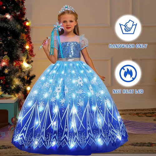 Vista 4 de CIYTI Disfraz de Halloween iluminado para niñas, vestido de princesa de nieve, disfraz de Navidad de hielo con accesorios, azul