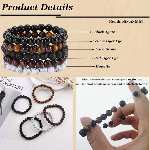 Vista 4 de SONNYX 5-7 pulseras de piedras semipreciosas de 0.315 pulgadas para mujer, pulseras de cuentas de cristal curativo para mujeres y hombres, pulseras