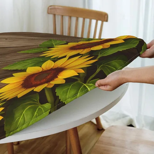 Vista 3 de Famame Mantel redondo ajustable con protector elástico, mantel de madera con diseño de girasol para cocina, cena, impermeable, a prueba de aceite