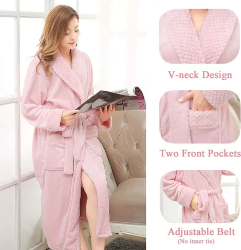 Vista 3 de Hellomamma Bata de baño larga para mujer, de felpa suave, de forro polar, camisón para mujer, pijama, ropa de dormir