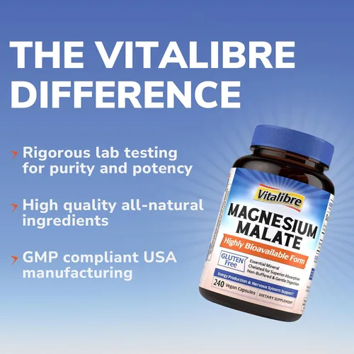 Vista 6 de Vitalibre Malato de magnesio 240 cápsulas, suplemento de magnesio quelatado con ácido málico, producción de energía y soporte del sistema nervioso