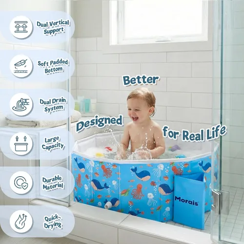 Vista 8 de MORAIS Bañera plegable para bebé, bañera portátil para niños pequeños para Azul