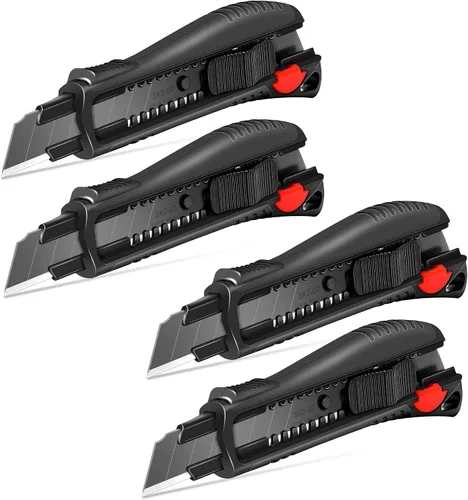 Vista 11 de HAUTMEC Cuchillo utilitario de 18 mm con agarre suave y bloqueo automático con interruptor de seguridad rojo, cortador resistente con hoja negra