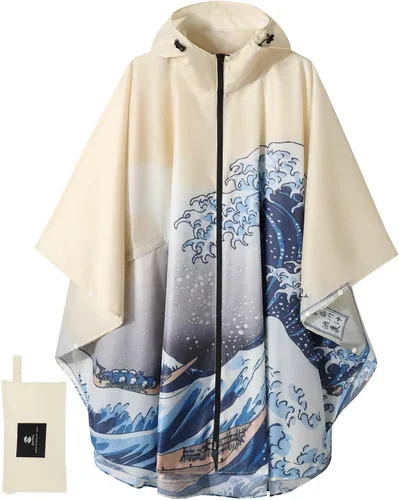 Vista 7 de SaphiRose - Poncho de lluvia unisex impermeable con capucha para mujeres adultas con bolsillos A-negro-blanco