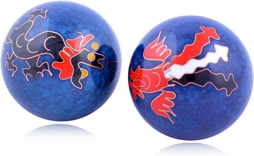 Vista 2 de fengshuisale Feng Shui Bolas de salud chinas (azul con fénix y dragón) 3.8cm/1.5" Pulsera de cuerda roja