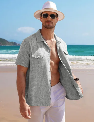 Vista 4 de COOFANDY Men's Linen Short Sleeve Button Down Shirt Casual Cuban Collar Summer Beach Shirts Vacation Essentials