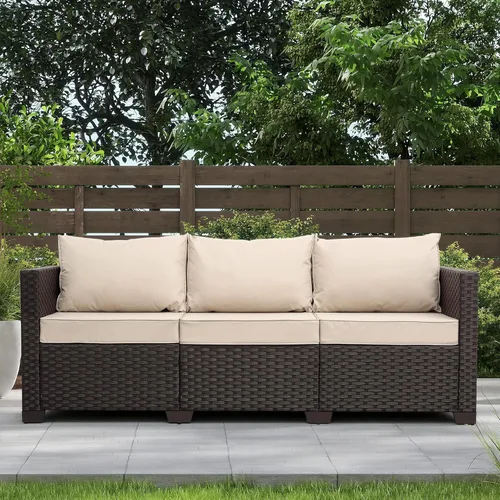Vista 10 de Valita Muebles de patio de 3 asientos, sofá de mimbre marrón, muebles de exterior, sofá de exterior, asiento profundo, respaldo alto, funda Azul
