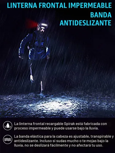 Vista 7 de Linterna de cabeza LED Spriak recargable, faro de 1000 lúmenes con haz amplio de 230°, linterna de cabeza recargable por USB con luz trasera roja