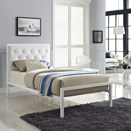 Vista 8 de Modway Mia - Base de cama de piel sintética copetuda, tamaño individual, color blanco y blanco