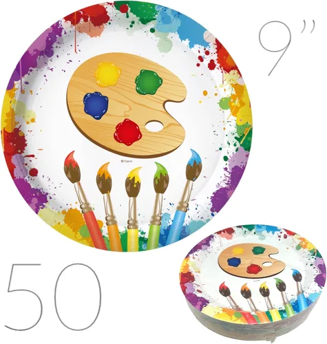 Vista 2 de Oojami 100 platos de papel, cena de 50 a 9 pulgadas, postre de 50 a 7 pulgadas, tema de artista de arte