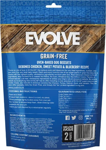 Vista 3 de Evolve Pet Food Galletas de pollo deshuesado sin granos, batata y arándanos para perros, 12 onzas
