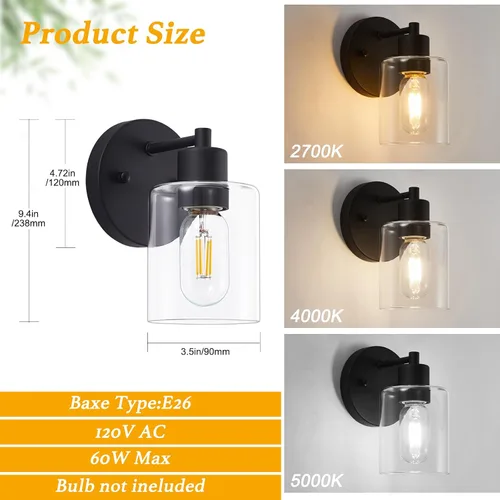 Vista 3 de Aplique de Pared, Luz de Tocador Negra, Moderna Lámpara de Baño con Pantalla de Vidrio Transparente y Prevención de Humedad y Óxido, Lámpara