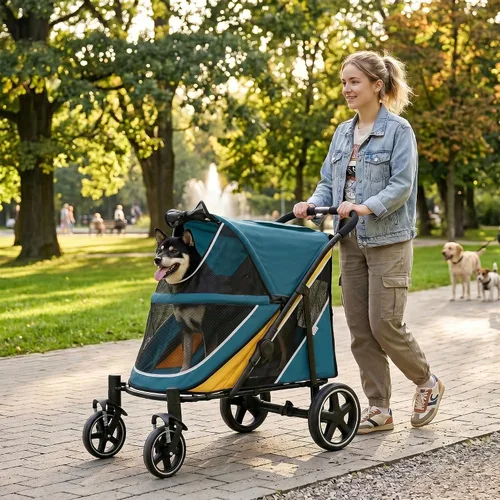 Vista 2 de Cochecito para perros medianos y grandes, plegable con un solo clic, cochecito para mascotas extra grande para 2 perros con bolsillo
