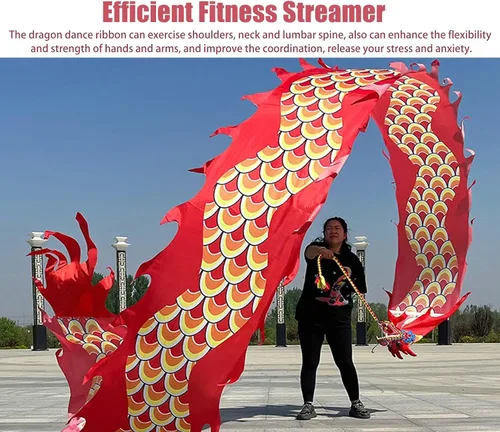 Vista 3 de Dragon Poi - Cinta de dragón de seda para gimnasia, colorida cometa de poi/dragón con cabeza, cinta de bandera de baile para adultos mayores