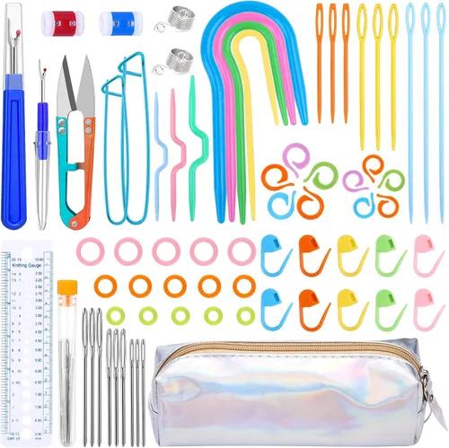 Vista 10 de JUPEAN Accesorios completos para tejer, kit de suministros para tejer con marcadores de puntada, agujas de coser de plástico, agujas de cable