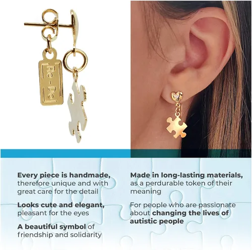 Vista 2 de Re-Do Bricks - Aretes chapados en oro para concientización sobre el autismo, gran regalo, hermoso colgante colgante, hecho a mano en Estados Unidos.