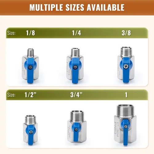 Vista 8 de Paquete de 2 válvulas de bola mini de 1", válvula de cierre de acero inoxidable 304 rosca NPT hembra x macho válvulas pequeñas para espacio compacto