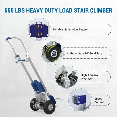 Vista 5 de Carretilla de mano eléctrica para subir escaleras con freno, carretilla de mano para subir escaleras con motor para mover, capacidad de 550 libras