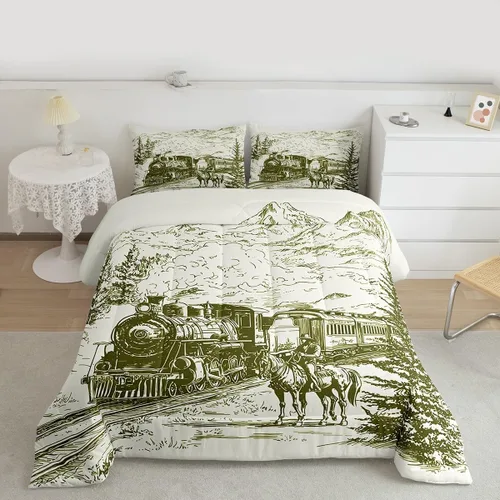 Vista 29 de Juego de edredón de vaquero individual, ropa de cama occidental para niños y hombres, ilustración dibujada a mano de caballo americano salvaje