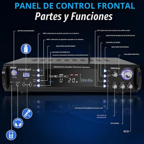 Vista 2 de Pyle Amplificador estéreo Bluetooth, montaje en rack, potencia máxima de 3000 W, karaoke fácil con micrófonos duales, salida de subwoofer, salida