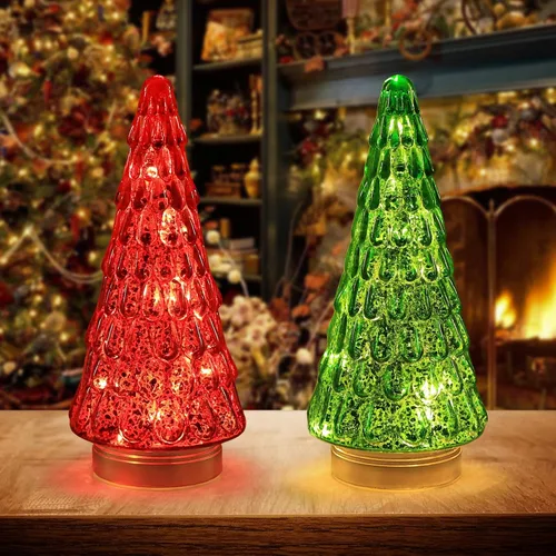 Vista 9 de PHITRIC Decoraciones de Navidad para Interiores, 3 Piezas de Centros de Mesa de Árbol de Navidad de Cristal Rojo Brillante con Luces LED