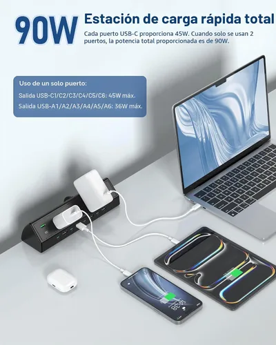 Vista 3 de Jgstkcity Regleta de alimentación con abrazadera de escritorio de 90 W, 12 puertos USB (6 PD 45 W USB-C), protector de sobretensiones, cable