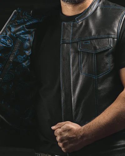 Vista 3 de First Mfg Co - The Cut - Chaleco de cuero para motociclista para hombre