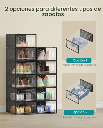 Vista 4 de SONGMICS Cajas de zapatos, paquete de 12 organizadores de almacenamiento de zapatos, cajas apilables de plástico transparente para armario, tenis