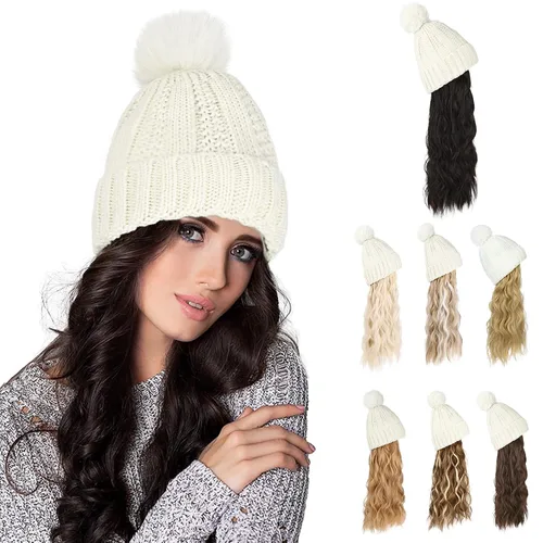 Vista 13 de Flufymooz Gorro con peluca, extensión de pelo con gorro de piel sintética con pompón largo ondulado rizado, peluca con gorro adjunto de 20 pulgadas