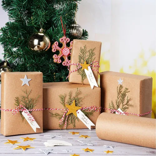Vista 7 de Cholemy Juego de papel de regalo de Navidad de 15.7 pulgadas x 65.6 pies con ramas de pino natural, papel de estraza de algodón, calcomanías