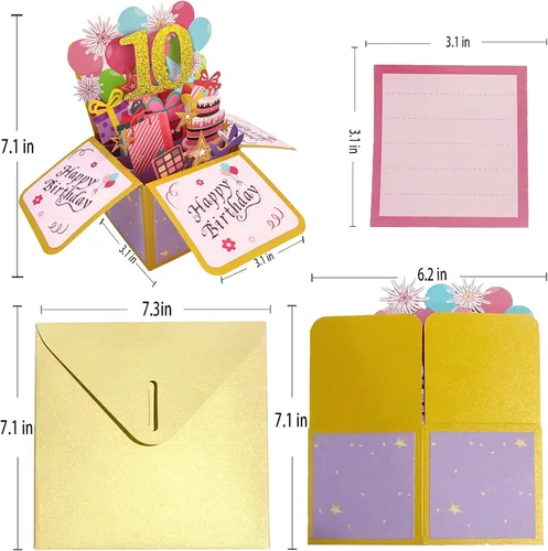 Vista 2 de Asmallgf Tarjeta Emergente Feliz 10 Cumpleaños para Hija Sobrina, Mejor Regalo de Cumpleaños para Niña Niño de 10 Años, Dulces Decoraciones