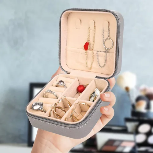 Vista 8 de KElofoN Organizador de joyas de viaje, joyero de viaje, caja organizadora de joyas pequeña para niñas y mujeres (1, gris completo)