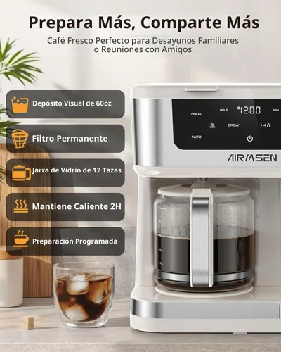 Vista 3 de AIRMSEN Cafetera dual programable de 12 tazas – Máquina de una sola porción para K-Pods y molido, preparación rápida de 1000 W, inicio retardado