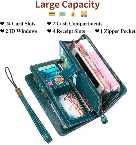 Vista 3 de SENDEFN - Billeteras de cuero genuino para mujer con tarjetero y bloqueo RFID, de gran capacidad y con correa para la muñeca